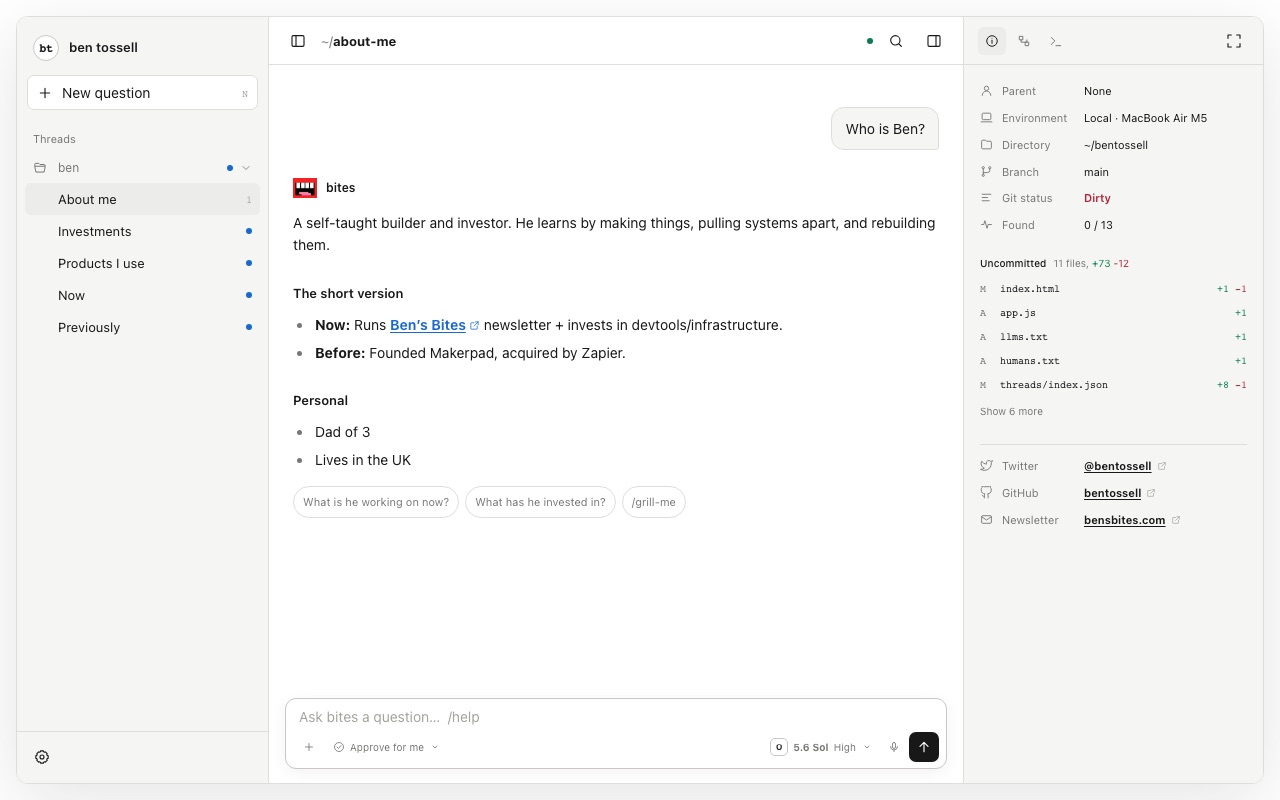 The agent-app version of the site: threads down the left (About me, Investments, Products I use, Now, Previously), a question and answer in the middle, a panel of files on the right, and a chat box at the bottom
