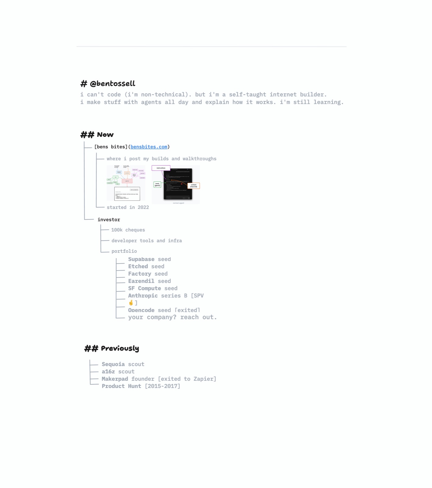 The v2 frame in Ben’s tldraw file: # @bentossell in a handwritten font, the two lines about him, a ## Now tree with bens bites (two post previews side by side under it) and investor with the portfolio, and a ## Previously tree; no notes or arrows