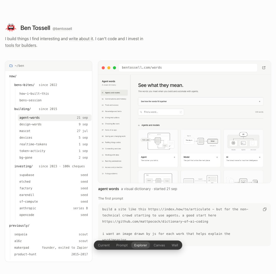 Version Explorer: a file list of everything on the left and a browser frame on the right previewing agent words, with the first prompt behind it