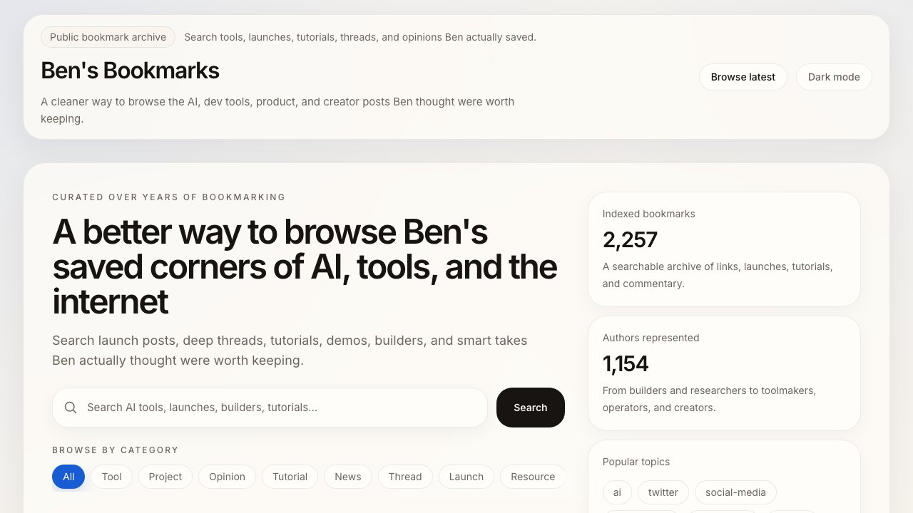 Ben’s Bookmarks: a pill saying Public bookmark archive, a big headline, a search box with a Search button, category pills, and cards counting 2,257 bookmarks and 1,154 authors