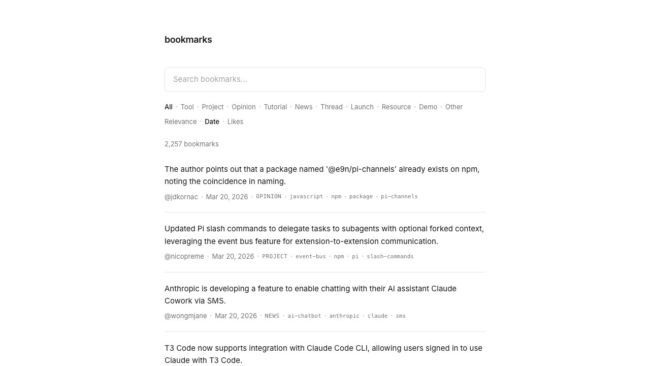 bookmarks: one narrow column, a search box, categories as a line of text links, and bookmarks as plain rows of text with the author, date, category and tags underneath