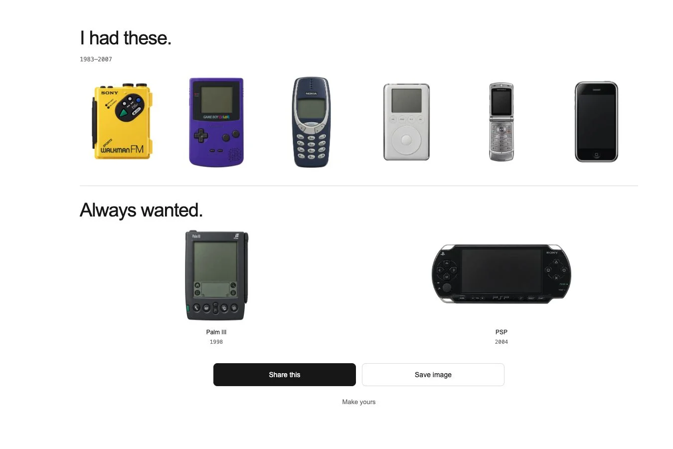 The built collection page: I had these, six devices with years, Always wanted below, Share this and Save image buttons