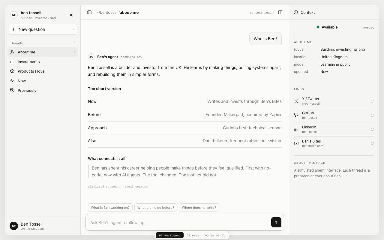 The prototype: threads on the left (About me, Investments, Products I love, Now, Previously), a pre-written answer to Who is Ben? in the middle, and links on the right