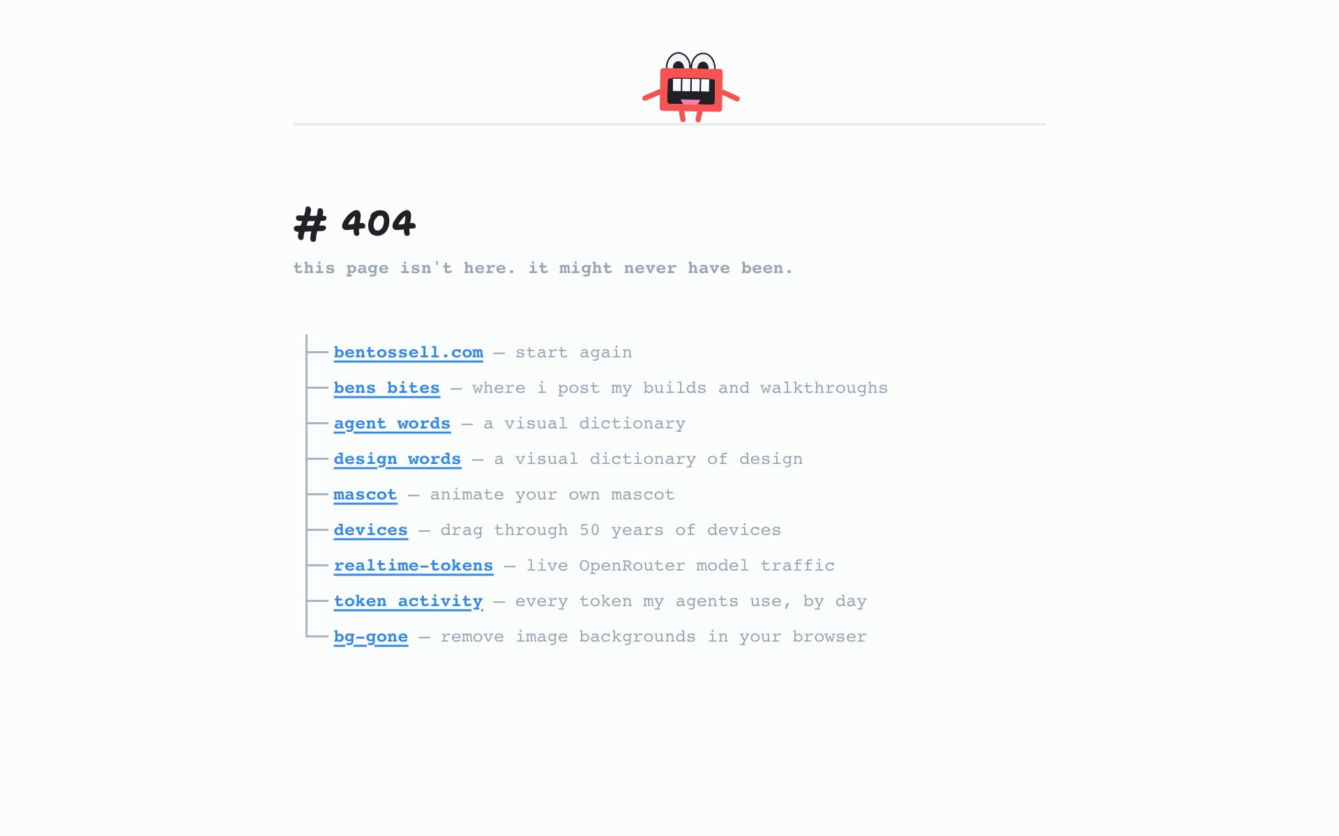 A 404 page: the red mascot on a line at the top, “# 404”, “this page isn’t here. it might never have been.” and a list of links