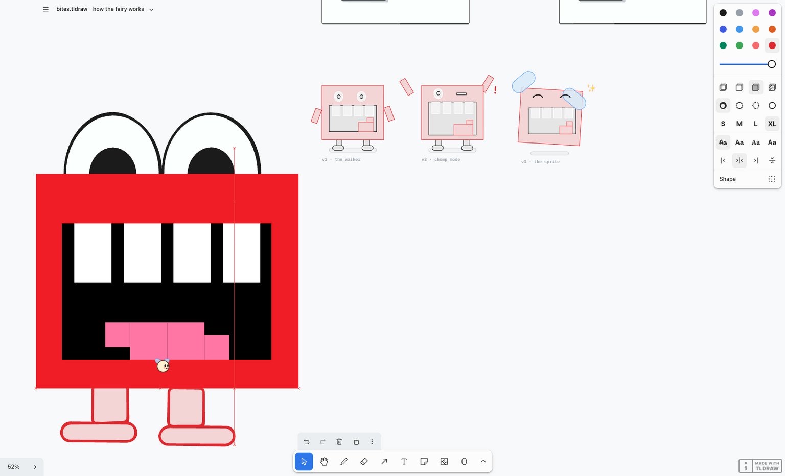A big bold mascot in bright red with white eyes, black mouth, white teeth, pink tongue and legs, next to the three small pale drafts