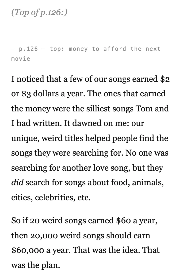 Page 126 on the published site: “(Top of p.126:)” with nothing under it, then a paragraph that starts “I noticed that a few of our songs earned $2 or $3 dollars a year”